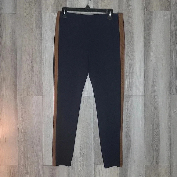 🛍Lauren Ralph Lauren‎ Navy Blue Brown Stripe Suede Elastic Waist Pants Womens M - Picture 1 of 6